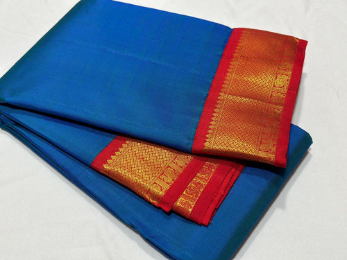 Peacock Blue with Orange Red Korvai Handwoven Pure Jari Kanjivaram Silk Saree Beauty