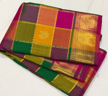 Vaibhogam- Gorgeous Multichecks Palum Pazhamum Checks with Buttas and Jari Lines woven beautiful body with rich borders stunning pallu and contrast pink jari striped blouse