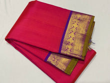 Dual tone Orange Pink with Purple Handwoven Pure Jari Kanjivaram Silk Saree with rich borders with green selvedges rich Pallu and contrast woven blouse
