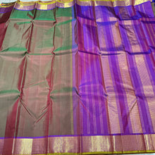Double Tone Manthulir Green with Purple with Rudrakshapet Borders Handwoven Pure Jari Kanjivaram Silk Saree with rich borders pallu beauty