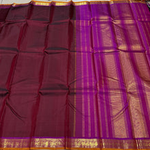 Nayaki- Deep Maroonish Brown  with Magenta and Purple Short  combo in a beautiful Handwoven Small Borders Pure Jari Kanjivaram Silk Saree with paisleys and peacocks woven borders rich seer pallu and contrast woven blouse