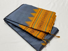 Elephant Grey with Mustard Zariless Handwoven Pure Korvai Kanjivaram Silk Saree buttas with temple borders