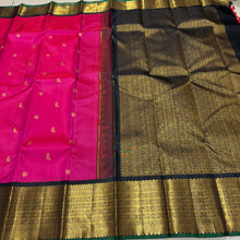 Vaibhogam- Stunning Bright Pink with Black Handwoven Pure Jari Korvai Kanjivaram Silk with beautiful bird motifs woven body with rich borders pallu and contrast woven black blouse