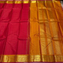Nayaki- Gorgeous Red with Golden Mustard Handwoven Pure Kanjivaram Silk with beautiful bawanchi borders with rich pallu and contrast woven blouse