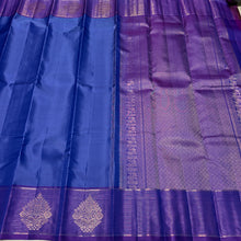 Sahana- Gorgeous Royal Blue with Purple Handwoven Pure Jari Kanjivaram Silk with beautiful striped body with jari oosi striped buttas woven borders rich beautiful pallu and contrast woven blouse