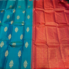 Dual tone Rama Bluish Green with Rustic Orange Pink Borderless Handwoven Pure Jari Muthukattam with Buttas Kanjivaram Silk Saree with rich pallu and contrast woven blouse