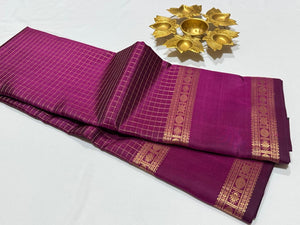 Deep Wine with Gold Handwoven Pure Jari Kanjivaram Silk Saree with Jari Checked body and Kalakshetra Kili Pallu Beauty