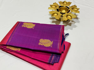 Pink with Ganga Jamuna Borders Muthukattam body Purple pallu and Border Buttas Handwoven Pure Jari Kanjivaram Silk Saree Beauty