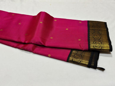 Tomato  Pink with Black Buttas Handwoven Pure Jari Korvai Kanjivaram Silk Saree Beauty