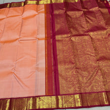 Sarasangi-Gorgeous Light Peach with Arakku Red Handwoven Pure Korvai Kanjivaram Silk with rich yazhis and peacocks woven beautiful borders rich parrots woven pallu and contrast woven blouse