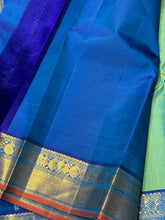 Pastel Green with Peacock Blue Handwoven Pure Jari Kanjivaram Silk Saree with beautiful borders rust selvedges rich pallu and contrast woven blouse