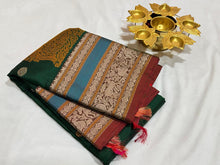 Dark Bottle Green with Manthulir buttas with Corner Buttas Konia Pallu with Varisaipet borders Handwoven Pure Zariless Kanchipuram Silk Saree Beauty