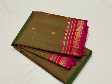 Manthulir Green with Magenta Pink Buttas Handwoven Pure Kanjivaram Silk Saree with beautiful borders rich pallu and contrast woven blouse beauty