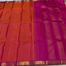 Nayaki- Gorgeous Orange Pink with Pink Handwoven Pure Jari Kanjivaram Silk with beautiful small borders with green selvedges rich pallu and contrast woven blouse