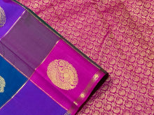 Vintage Beauty- Palum Pazhamum Kattam in Beautiful Blue, Green , Purple Pink Shades with rich peacocks and Vel motifs woven body with small rudrkashapet borders rich pallu and contrast woven blouse