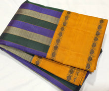 Saraswati- Gorgeous Lavendar Green and Grey with Golden Mustard Handwoven Premium Zariless Korvai Kanjivaram Silk with beautiful panel patterned body with rettapet rudrakshas woven borders rich seer pallu and contrast woven blouse