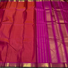 Nayaki- Gorgeous Dual Tone Orange with Rani Pink Handwoven Pure Kanjivaram Silk with small borders with beautiful weave with green selvedges rich seer pallu and contrast woven blouse