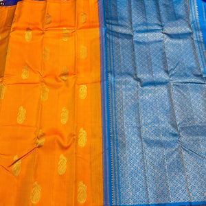 Mango Orange with Blue Handwoven Pure Jari Borderless Kanchipuram Silk Saree with Muthukattam and Buttas