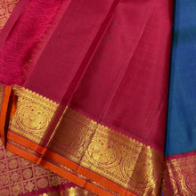 Sarasangi- Gorgeous Peacock Blue with Arakku Red Handwoven Pure Jari Korvai Kanjivaram Silk with beautiful borders with orange selvedges rich pallu and contrast woven blouse