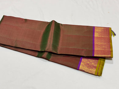 Double Tone Manthulir Green with Purple with Rudrakshapet Borders Handwoven Pure Jari Kanjivaram Silk Saree with rich borders pallu beauty