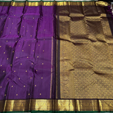 Deep Purple with Coffee Brown Buttas Handwoven Pure Jari Kanjivaram Silk Saree with beautiful buttas with green selvedges rich pallu and contrast woven blouse