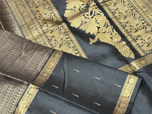 Black and Grey Handwoven Pure Jari Mubbakam Kanjivaram Silk Saree with Paisleys and Rudrakshas woven middle body and mallimoggu buttas borders sorgavasal inspired pallu and contrast blouse