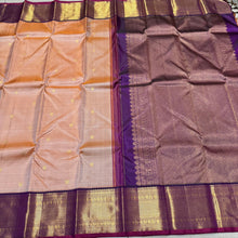Peachish Beige with Jamoon Purple Buttas Korvai Handwoven Pure Jari Kanjivaram Silk Saree with rich borders pallu and contrast woven blouse beauty
