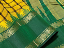 Yellow with Bottle Green Handwoven Pure Zariless Korvai Kanjivaram Silk Saree with doublepet temple borders beauty