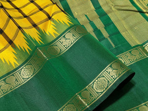 Yellow with Bottle Green Handwoven Pure Zariless Korvai Kanjivaram Silk Saree with doublepet temple borders beauty