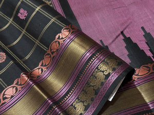 Black with Pink 1000 Buttas Checked Handwoven Pure Zariless Soft Kanjivaram Silk Saree Beauty