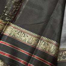 Premium Zariless Weave- Grey with Black Handwoven Pure Zariless Kanchipuram Silk with Deer Rudrkasham Peacock 5 different buttas woven body with rich borders Sorgavasal Pallu and Contrast woven blouse beauty