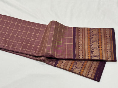 Premium Vintage Weave- Light Brown with Deep Purplish Brown Muthukattam Handwoven Pure Zero Zari Kanchipuram Silk with Rettapet rich woven borders Sorgavasal Pallu and Contrast Blouse