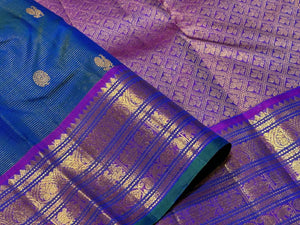 Peacock Blue with Purple Vairaoosi with Buttas Handwoven Pure Jari Kanjivaram Silk Saree Beauty