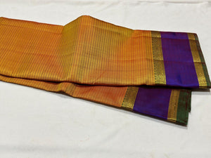 Mustard with Purple Striped Handwoven Pure Light Weight Kanjivaram Silk Saree Beauty