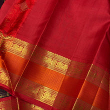 Vaibhogam- Gorgeous Coffee Brown with Red Handwoven Pure Zari Kanijivaram Silk with rich jari checks and meena buttas woven beautiful body with rich borders pallu very intricately woven and contrast woven blouse