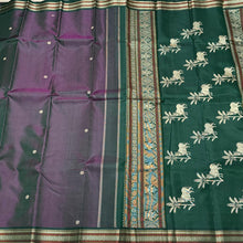 Dual tone green with purple with bottle green buttas and pichwai pallu Handwoven Pure Zariless Kanchipuram Silk Saree Beauty