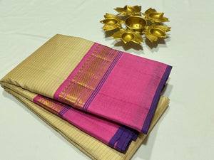 Ivory Creamish White with Rose Pink Striped Handwoven Pure Jari Korvai Kanjivaram Silk Saree Beauty