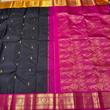 Strikingly Beautiful Black with Ganga Jamuna Borders Handwoven Pure Jari Korvai with Buttas Kanjivaram Silk Saree with intricately woven beautiful borders gorgeous dancing women woven pallu and contrast woven blouse