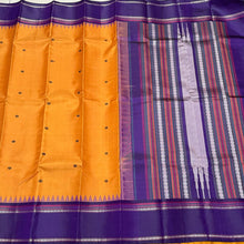 Mango Mustard with Purple Buttas Korvai Handwoven Pure Zariless Kanjivaram Silk Saree with temple borders beauty