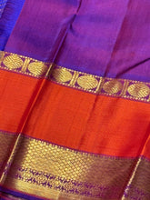 Ivory white with Purple and Orange Handwoven Pure Jari Korvai Kanjivaram Silk Saree with rich borders pallu and contrast woven blouse beauty