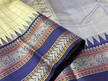 Offwhite with Navy Blue Muthukattam with Buttas Handwoven Pure Zariless Kanjivaram Zariless Korvai Kanjivaram Silk Saree Beauty