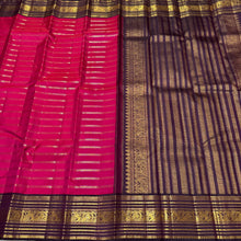 Vaibhogam -Gorgeous Tomato Pink with Deep Brown Handwoven Pure Jari Korvai Jari Veldhari Striped Body with rich varisaipet borders gorgeous pallu and contrast woven blouse