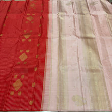 Saranga- Classic Orangish Red with Baby Pink Borderless Handwoven Pure 2g Jari Kanjivaram Silk with beautiful checks and buttas woven beautiful body with rich pallu in baby pink color with contrast baby pink blouse