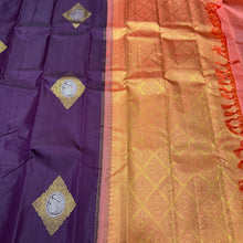 Deep Beetlenut Purple with Peachish Orange Meenakari Motifs Handwoven Pure Borderless Kanjivaram Silk Saree with rich pallu and contrast woven blouse