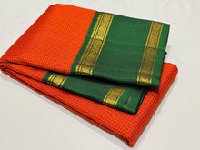 Orange with Bottle Green Handwoven Pure Jari Korvai Kasakasa Kattam Checks Handwoven Kanjivaram Silk Sarees with doublepet borders beauty