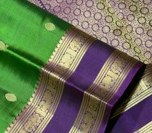 Sahana- Stunning Emerald Green with Dark Purple Buttas Handwoven Pure Kanjivaram Silk with beautiful doublepet borders rich pallu and contrast woven blouse