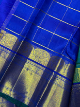 Gorgeous Peacock Blue Green with Royal Blue Handwoven Pure Jari Kanjivaram Silk Saree with Rettaikili motifs in Jari Checked body rich borders Pallu and Contrast woven blouse