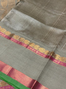 Deep Maroon with Elaichi Shade Handwoven Pure Korvai Kanjivaram Silkcotton with Hand Pichwai Block Printed Beauty