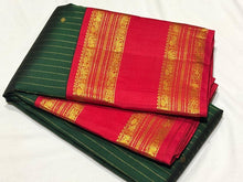 Stunning Bottle Green with Red Handwoven Pure Jari Korvai with Doublepet Rich Borders Gorgeous Pallu and Contrast Woven blouse in a Kai Korvai Handwoven Kanjivaram Silk Saree