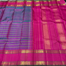 Sahana-Stunning Double tone Blue Green body with striped purple and green lines with gorgeous veldhari striped rettapet borders rich pink seer pallu and contrast woven blouse
